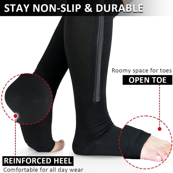Zipper Compression Socks, Calf Knee High Open Toe