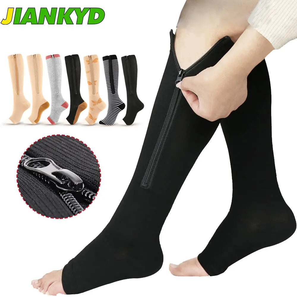 Zipper Compression Socks, Calf Knee High Open Toe