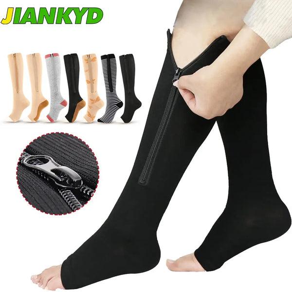 Zipper Compression Socks, Calf Knee High Open Toe