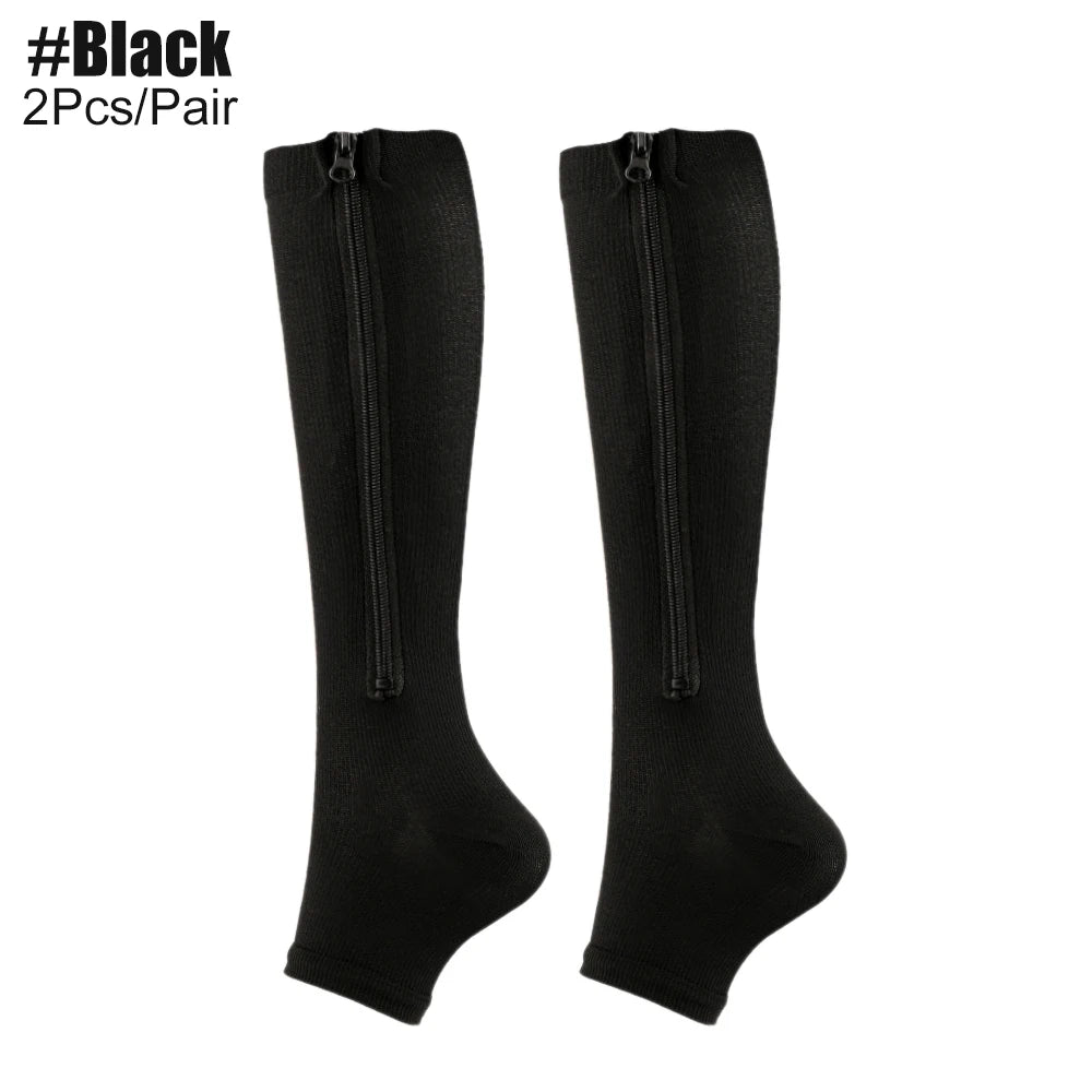 Zipper Compression Socks, Calf Knee High Open Toe