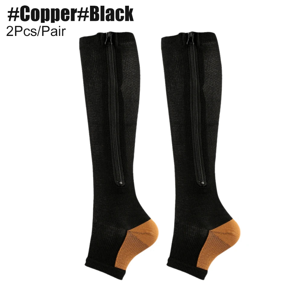 Zipper Compression Socks, Calf Knee High Open Toe