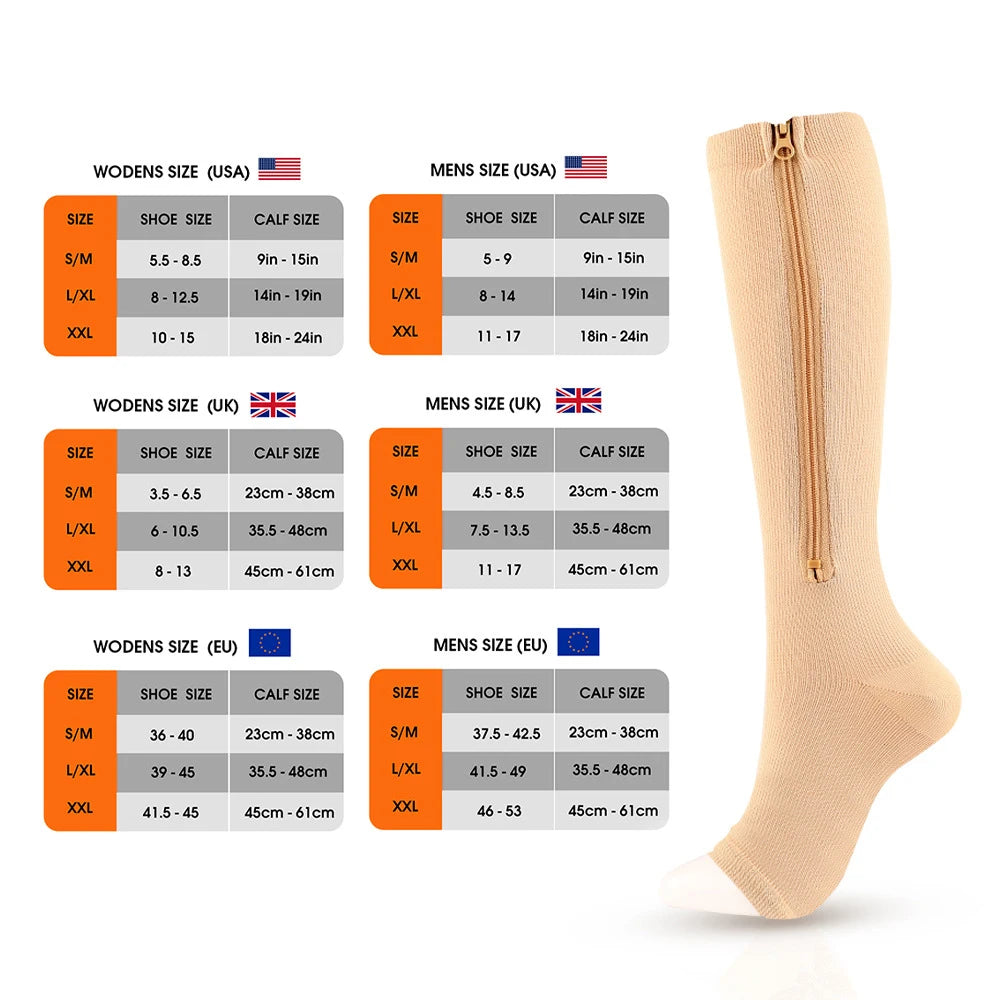 Zipper Compression Socks, Calf Knee High Open Toe