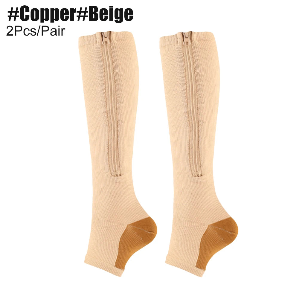 Zipper Compression Socks, Calf Knee High Open Toe