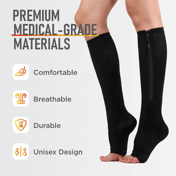 Zipper Compression Socks, Calf Knee High Open Toe
