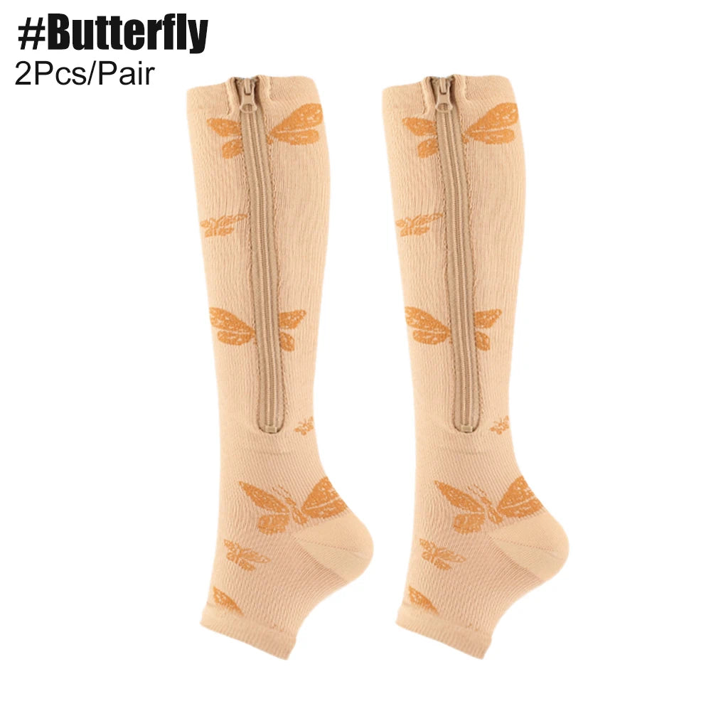 Zipper Compression Socks, Calf Knee High Open Toe