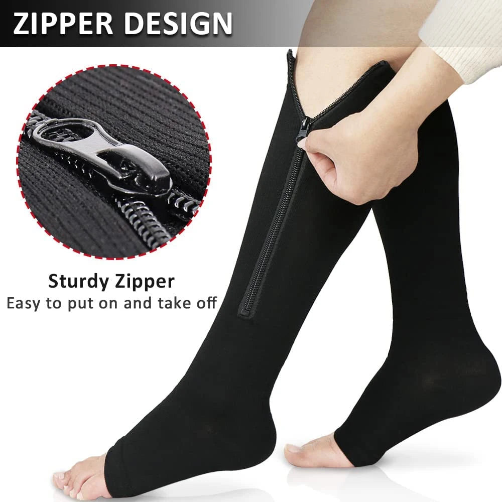 Zipper Compression Socks, Calf Knee High Open Toe